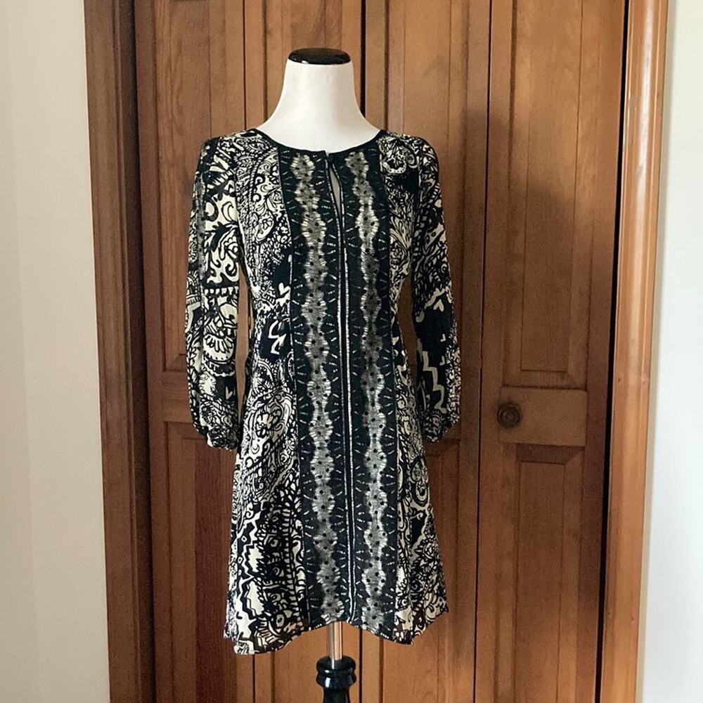 Nanette Lepore 100% Silk Cream & Black Shift Dress, Size 0